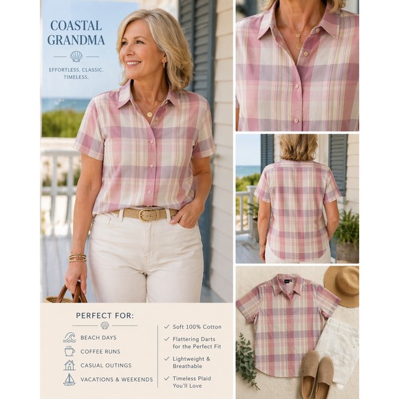 Basic Editions Tops - Pink Plaid Button Up Shirt 100% Cotton Cottagecore Casual 1X Soft Girl Preppy
